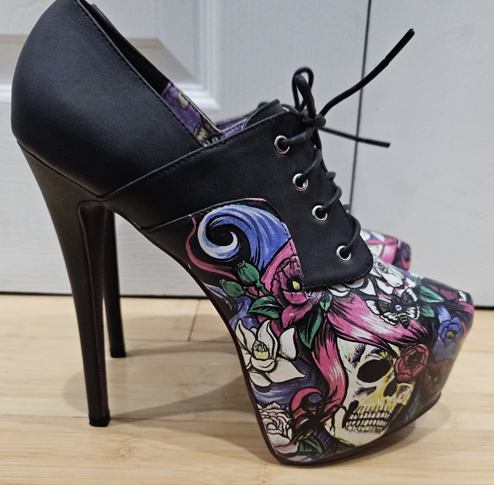 RARE IRON FIST Black Punk Goth Skull Floral Platform Lace Up High Heel Shoes 9 - Picture 14 of 14